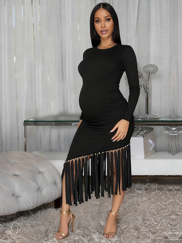 Momnfancy A-Line Tassel Bodycon Everyday Basic Maternity Midi Dress