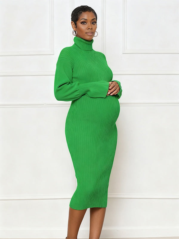 Momnfancy Belt Waist-cinching Knitted High Neck Everyday Maternity Midi Dress