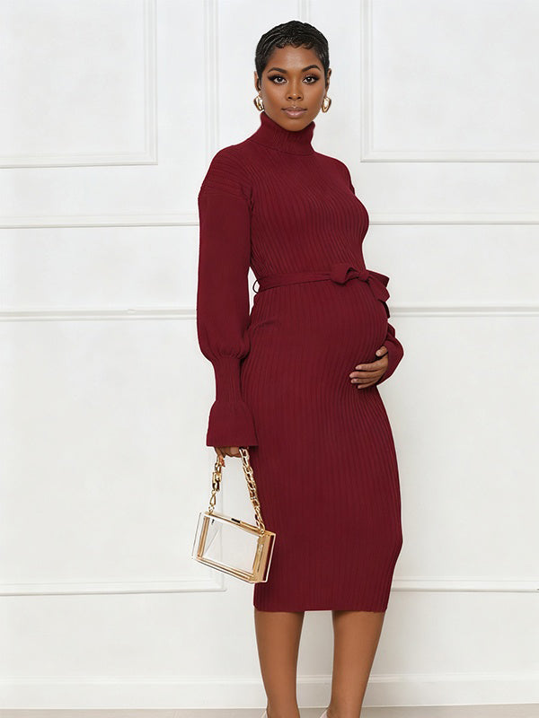 Momnfancy Belt Waist-cinching Knitted High Neck Everyday Maternity Midi Dress