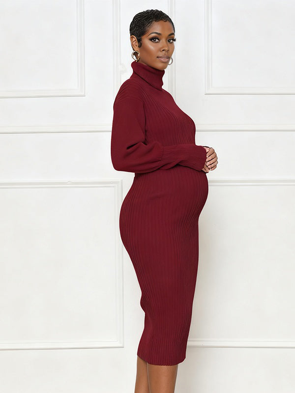 Momnfancy Belt Waist-cinching Knitted High Neck Everyday Maternity Midi Dress