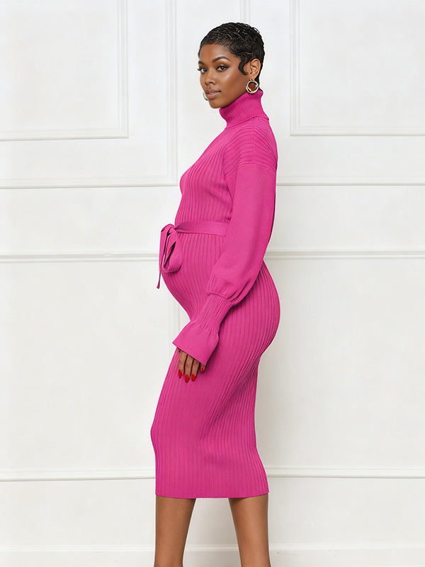 Momnfancy Belt Waist-cinching Knitted High Neck Everyday Maternity Midi Dress