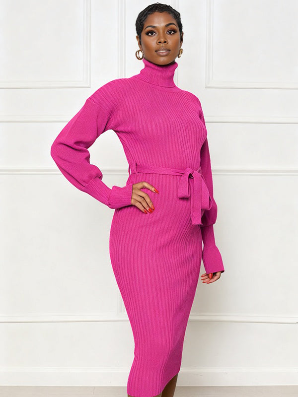 Momnfancy Belt Waist-cinching Knitted High Neck Everyday Maternity Midi Dress