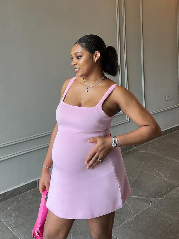 Momnfancy Pink Silk Square Neck Maternity Mini Dress