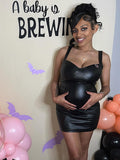 Momnfancy Black PU Leather Tank Chic Maternity Baby Shower Mini Dress