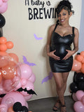 Momnfancy Black PU Leather Tank Chic Maternity Baby Shower Mini Dress