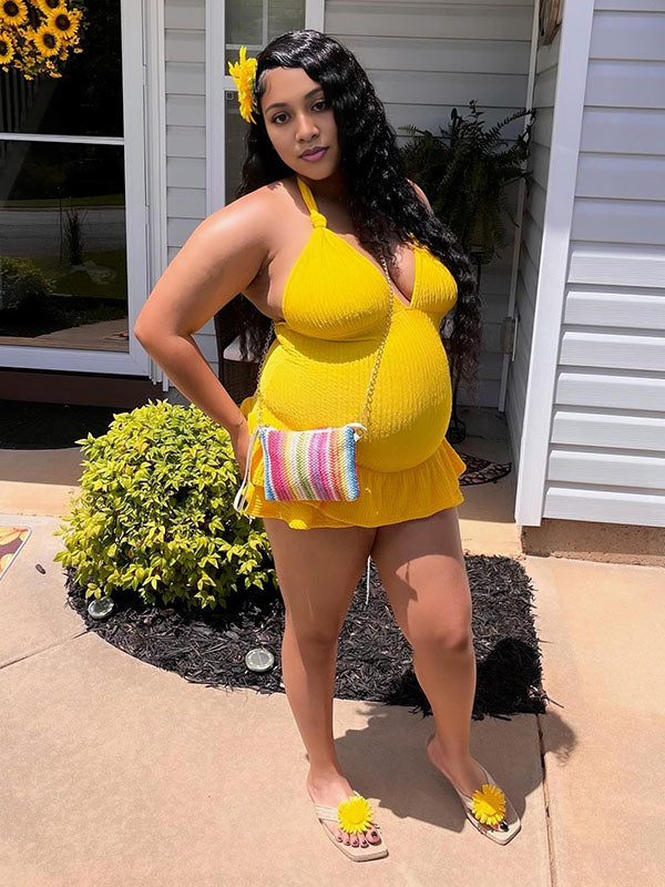 Momnfancy Yellow Halter Neck Backless Ruffle Cute Maternity Mini Dress