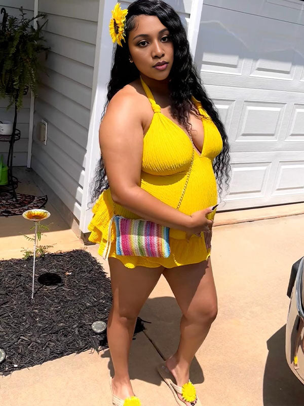 Momnfancy Yellow Halter Neck Backless Ruffle Cute Maternity Mini Dress