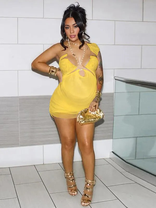 Momnfancy Yellow Irregular Cut Out Bodycon Halter Neck Party Evening Maternity Mini Dress