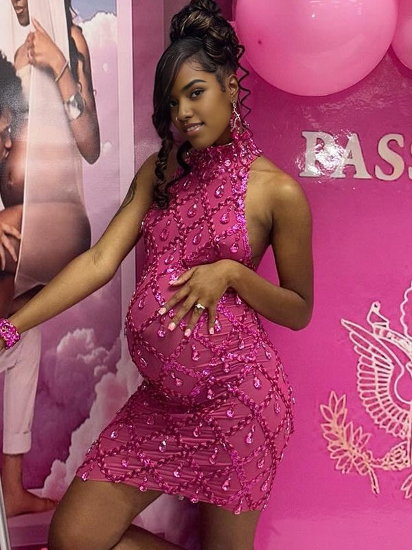 Momnfancy Hotfix Rhinestones Halter Neck Maternity Mini Dresses