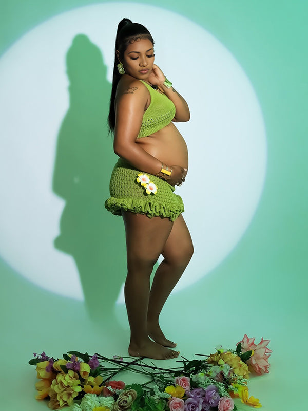 Momnfancy Green Knitwear Halter Neck 2-in-1 Ruffle Photoshoot Maternity Mini Dress