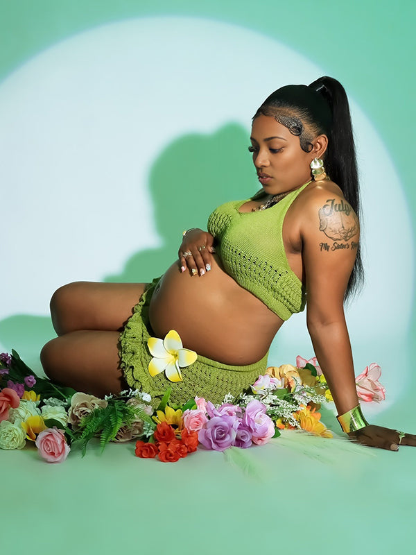Momnfancy Green Knitwear Halter Neck 2-in-1 Ruffle Photoshoot Maternity Mini Dress