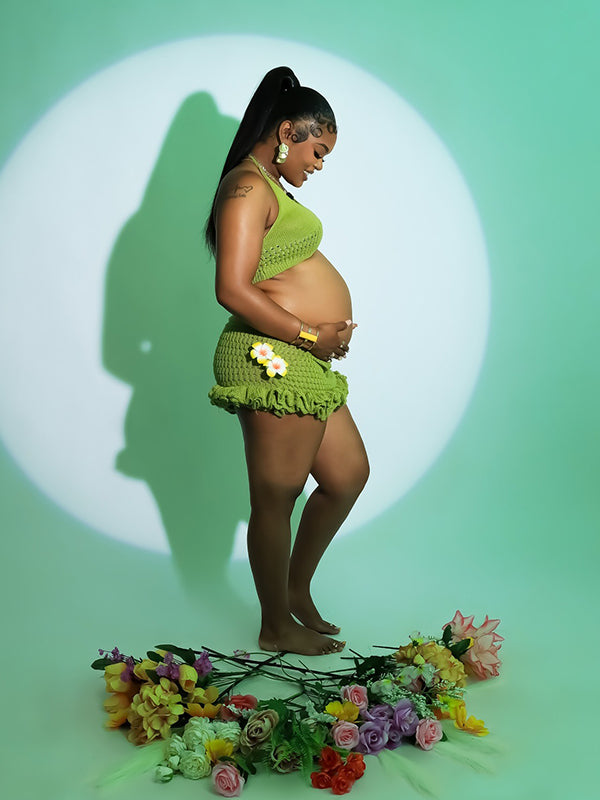 Momnfancy Green Knitwear Halter Neck 2-in-1 Ruffle Photoshoot Maternity Mini Dress