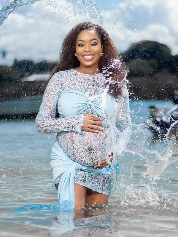 Momnfancy Blue Lace Draped Sheer Ruched Bodycon Photoshoot Maternity Mini Dress