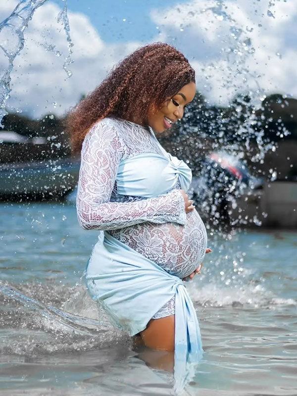 Momnfancy Blue Lace Draped Sheer Ruched Bodycon Photoshoot Maternity Mini Dress