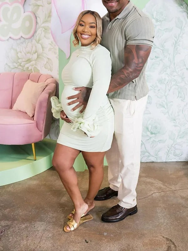 Momnfancy Green Ruffle Bodycon Long Sleeve Party Baby Shower Maternity Mini Dress