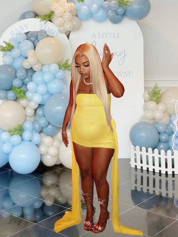 Momnfancy Tube Top Trailing Bodycon Ruched Maternity Mini Dress
