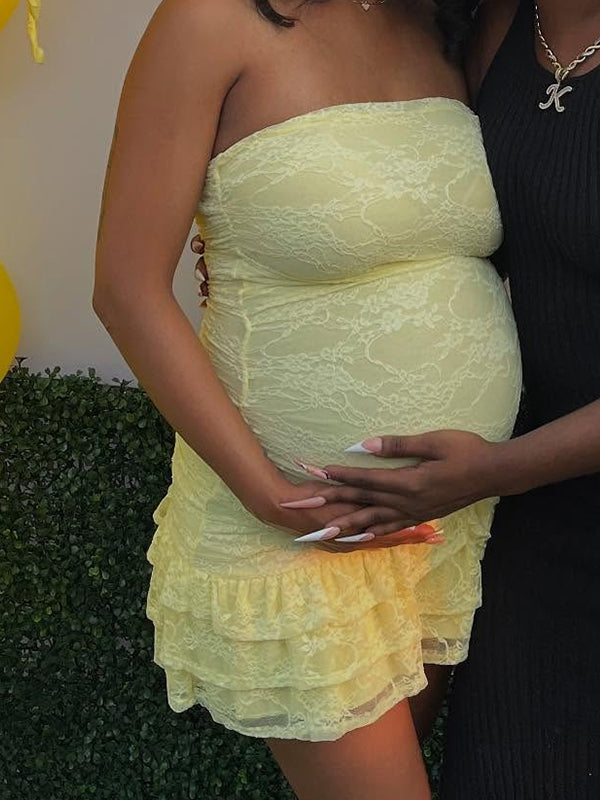 Momnfancy Lace Tube Top Splicing Open Back Maternity Mini Dress