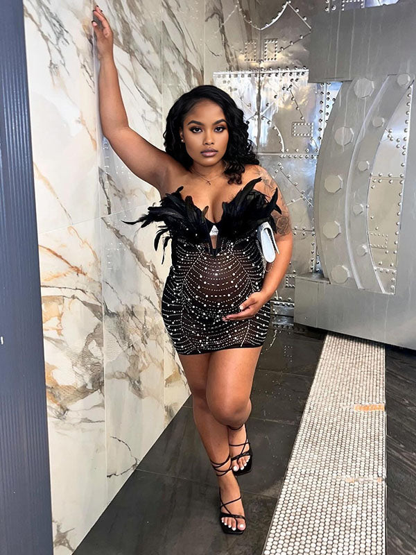 Momnfancy Feather Splicing Diamond Mesh Sheer Party Evening Plus Size Bodycon Maternity Mini Dress