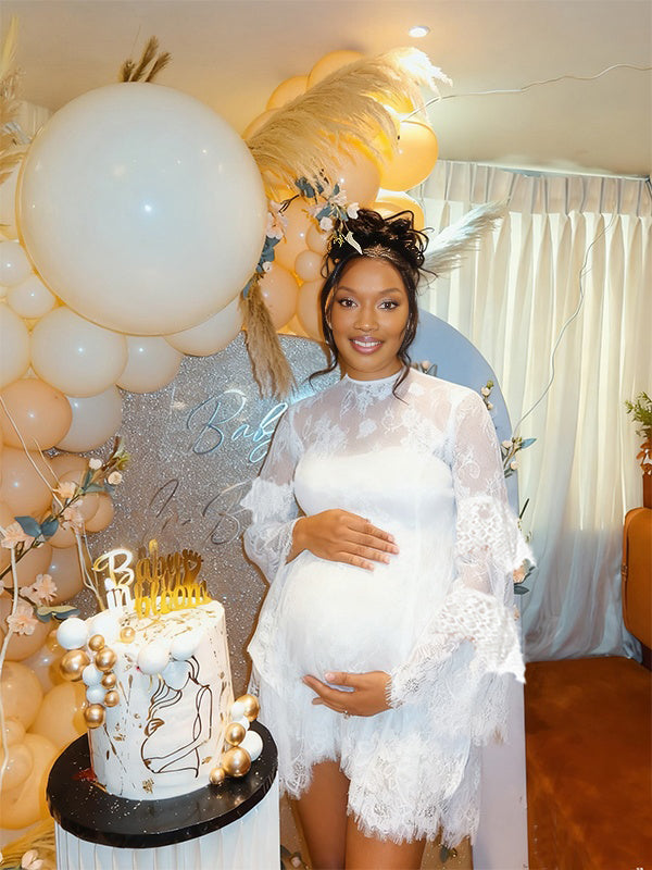 Momnfancy Lace Sheer Beach Smock Print Baby Shower Maternity Maxi Dress