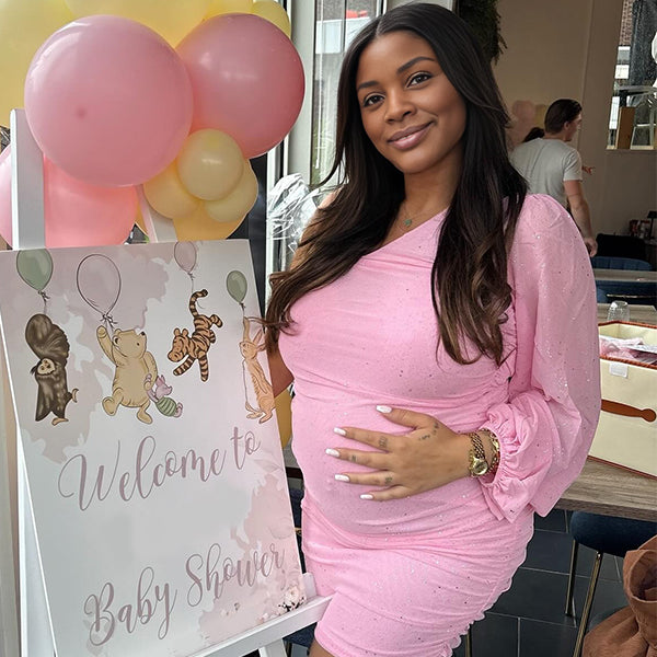 Momnfancy Oblique Shoulder Ruched Bodycon Sparkly Baby Shower Maternity Maxi Dress