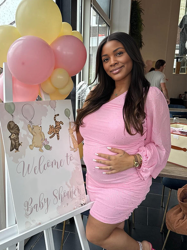 Momnfancy Oblique Shoulder Ruched Bodycon Sparkly Baby Shower Maternity Maxi Dress