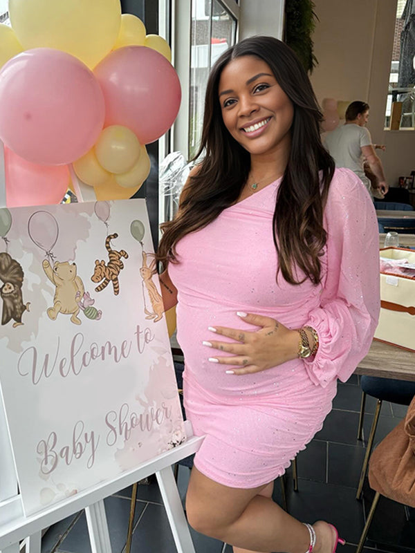 Momnfancy Oblique Shoulder Ruched Bodycon Sparkly Baby Shower Maternity Maxi Dress