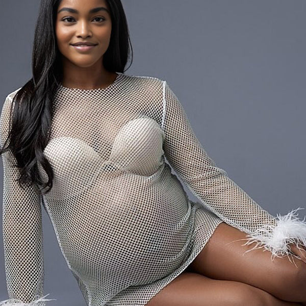 Momnfancy Feather Splicing Glitter Mesh Sheer Long Sleeve Party Cocktail Maternity Mini Dress