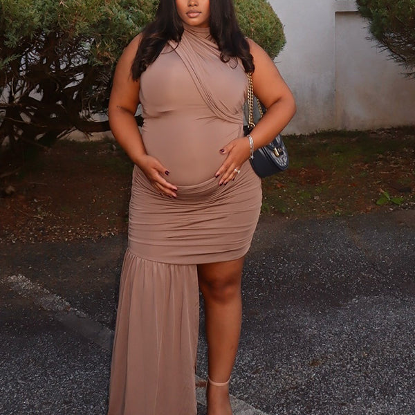 Momnfancy Khaki Irregular Draped Bodycon Party Cocktail Baby Shower Maternity Mini Dress