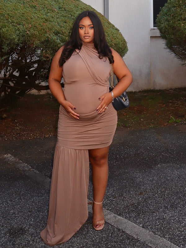 Momnfancy Khaki Irregular Draped Bodycon Party Cocktail Baby Shower Maternity Mini Dress