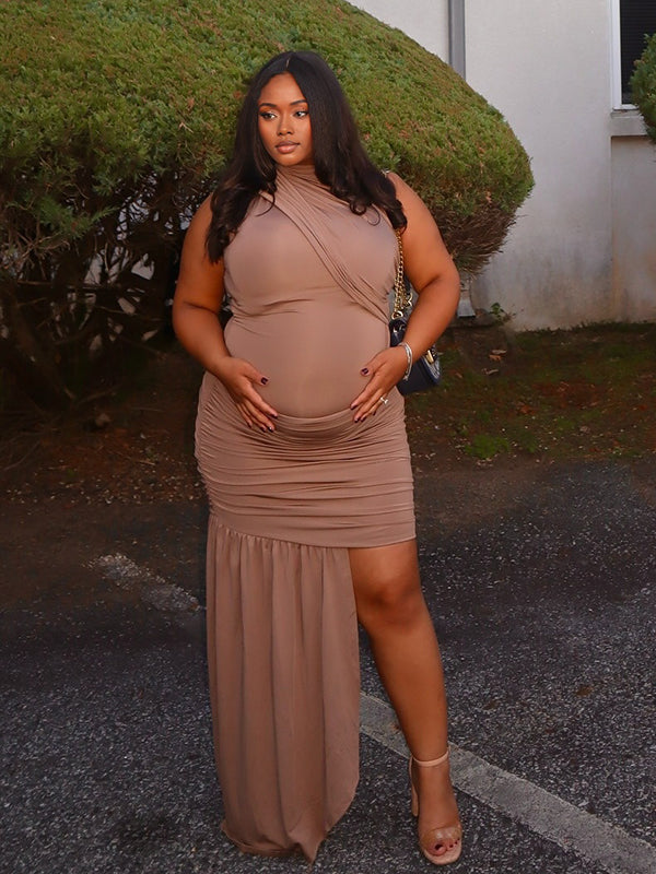 Momnfancy Khaki Irregular Draped Bodycon Party Cocktail Baby Shower Maternity Mini Dress