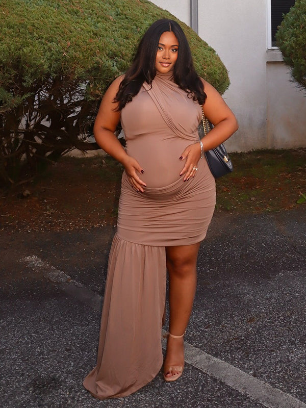 Momnfancy Khaki Irregular Draped Bodycon Party Cocktail Baby Shower Maternity Mini Dress
