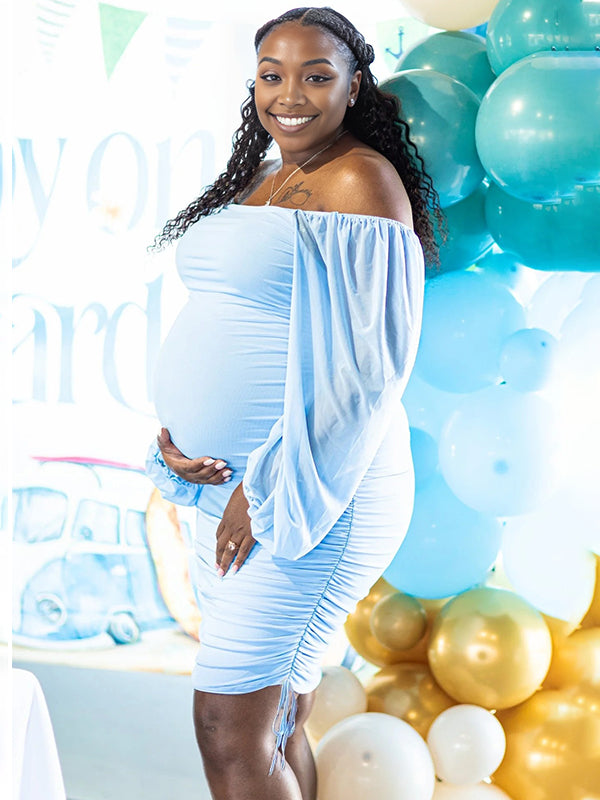 Momnfancy Light Blue Ruched Drawstring Lantern Sleeve U-Neck Bodycon Party Baby Shower Maternity Mini Dress