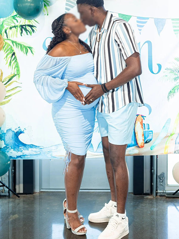 Momnfancy Light Blue Ruched Drawstring Lantern Sleeve U-Neck Bodycon Party Baby Shower Maternity Mini Dress