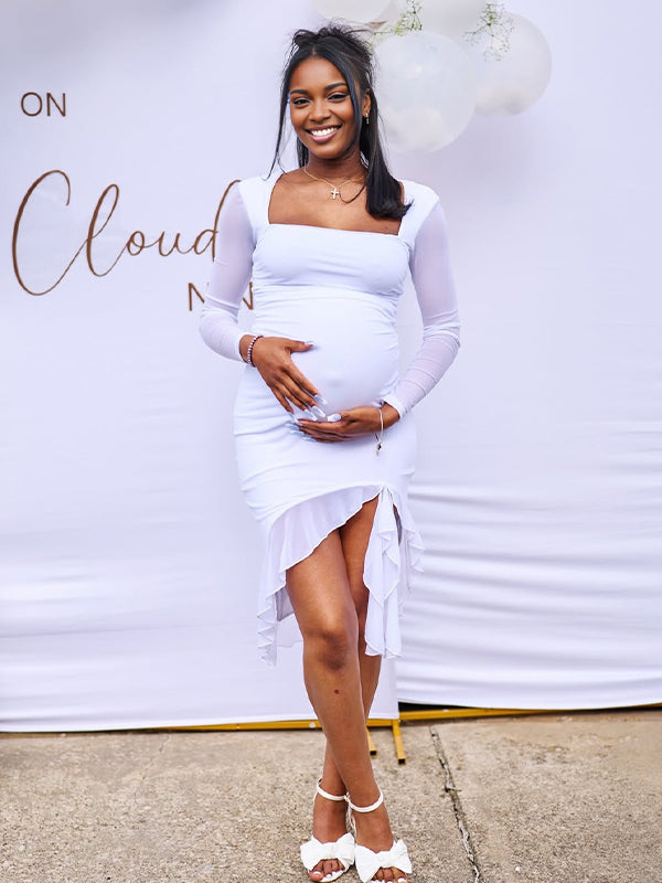 Momnfancy White Ruffle Square Neck Long Sleeve Bodycon Party Baby Shower Maternity Mini Dress
