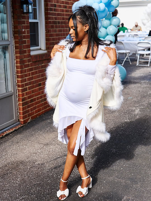 Momnfancy White Ruffle Square Neck Long Sleeve Bodycon Party Baby Shower Maternity Mini Dress