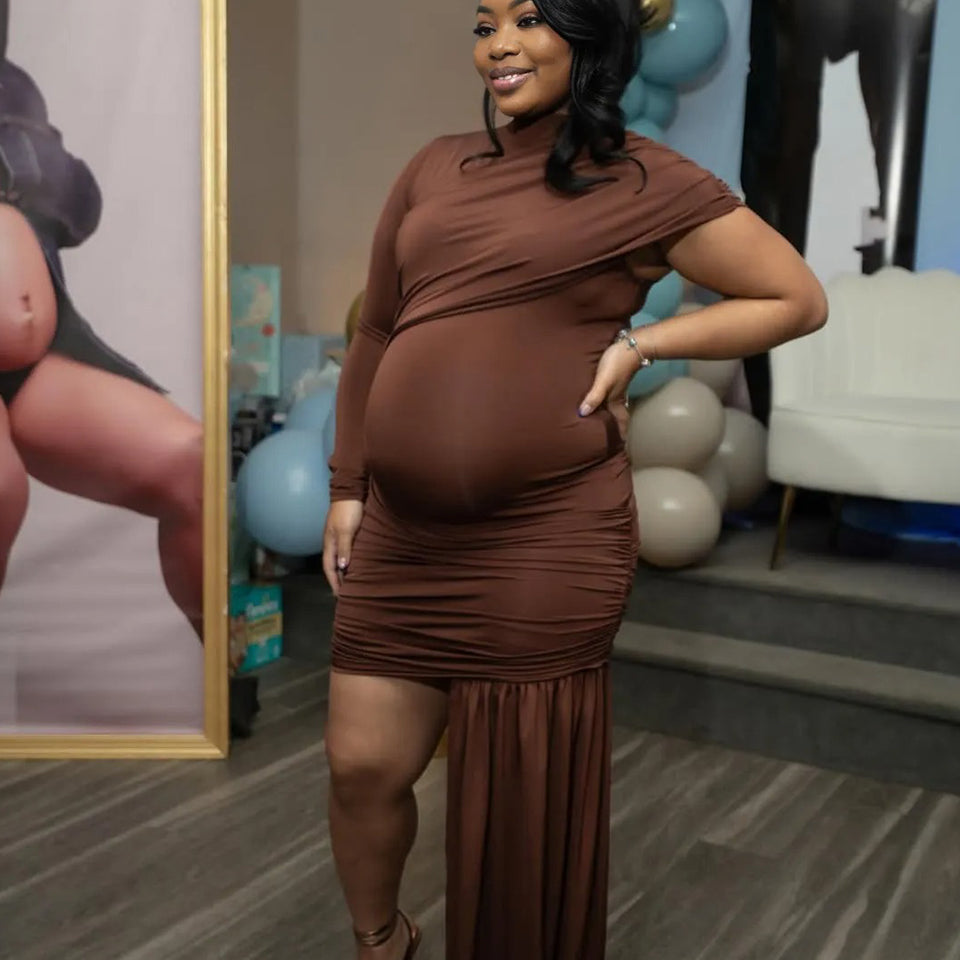 Momnfancy Brown Ruched Irregular Asymmetric Shoulder Draped Bodycon Baby Shower Maternity Mini Dress