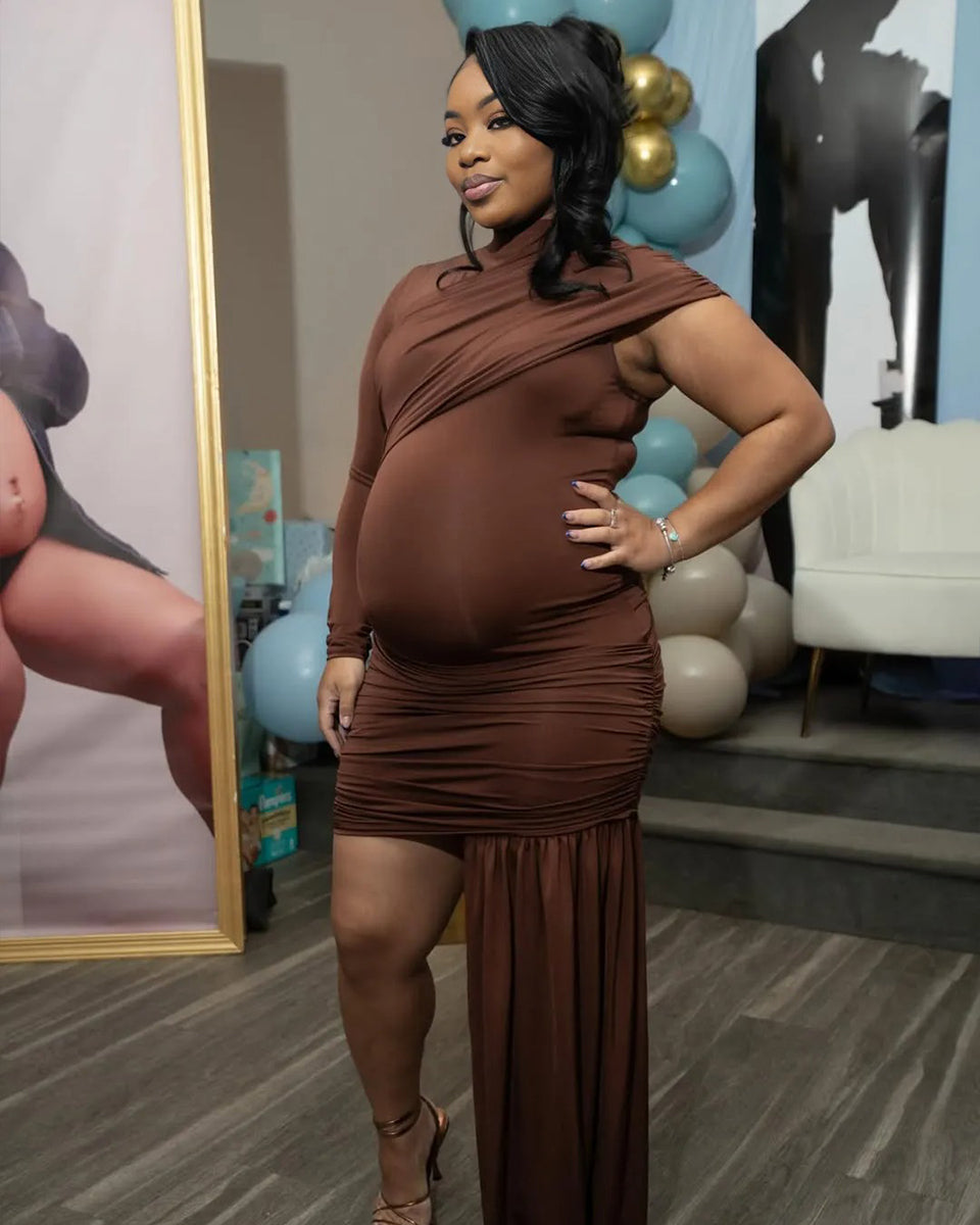 Momnfancy Brown Ruched Irregular Asymmetric Shoulder Draped Bodycon Baby Shower Maternity Mini Dress