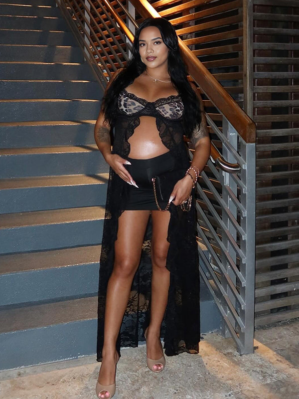 Momnfancy Black Lace Lepoard Splicing Cami Spaghetti Strap Maternity Top