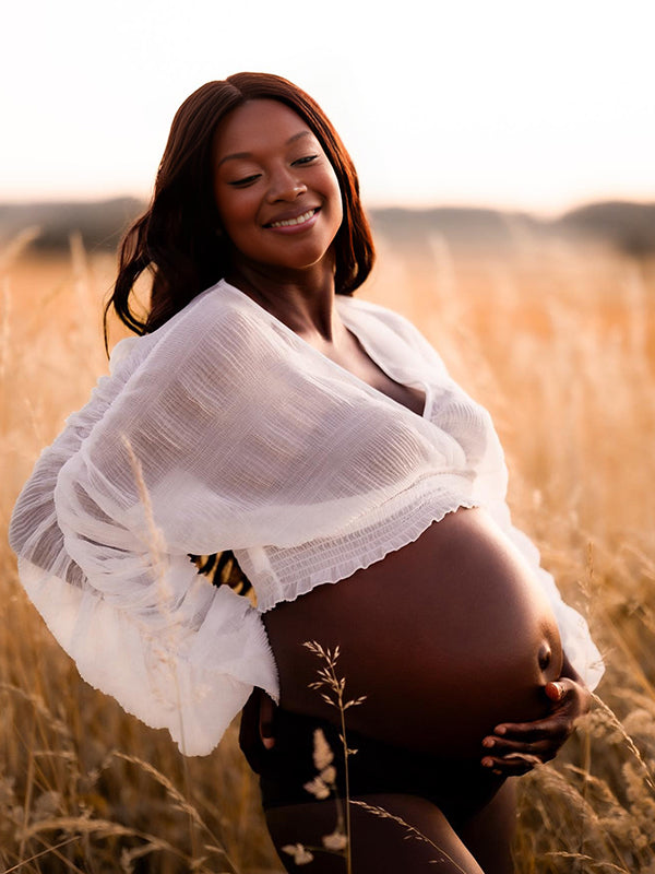 Momnfancy White Ruched V-Neck Lantern Sleeve Crop Blouses Photoshoot Maternity Top