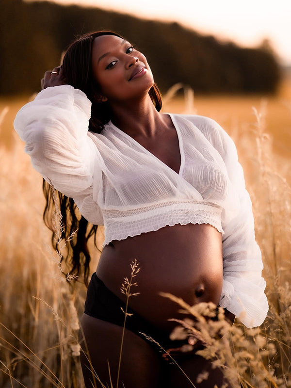 Momnfancy White Ruched V-Neck Lantern Sleeve Crop Blouses Photoshoot Maternity Top