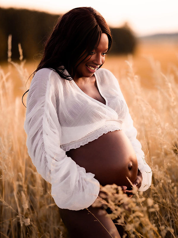 Momnfancy White Ruched V-Neck Lantern Sleeve Crop Blouses Photoshoot Maternity Top