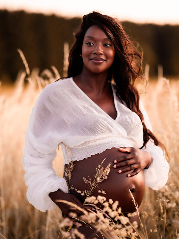 Momnfancy White Ruched V-Neck Lantern Sleeve Crop Blouses Photoshoot Maternity Top