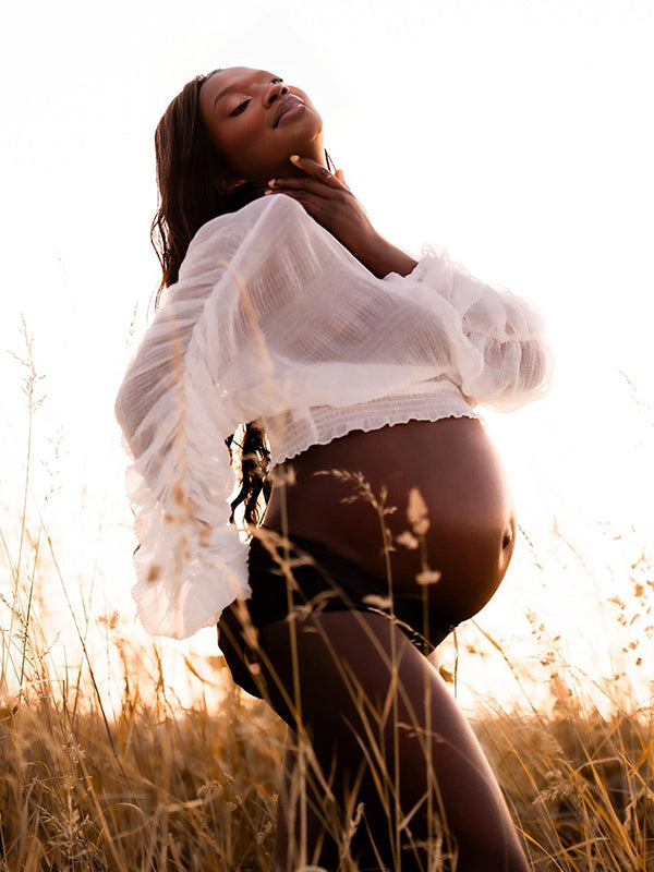 Momnfancy White Ruched V-Neck Lantern Sleeve Crop Blouses Photoshoot Maternity Top