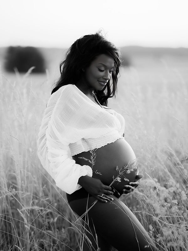 Momnfancy White Ruched V-Neck Lantern Sleeve Crop Blouses Photoshoot Maternity Top