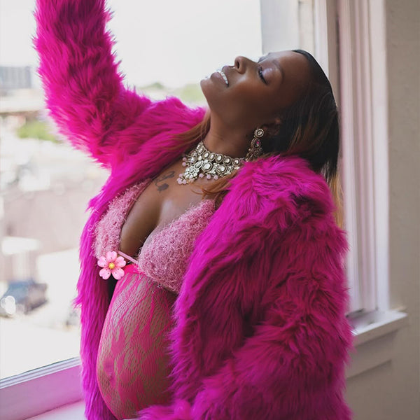 Momnfancy Rose Carmine Fuzzy Tailored Collar Fur Maternity Coat