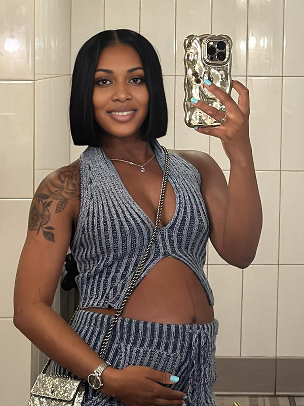 Momnfancy Blue Knit Crop Skinny Two Piece Outfit Maternity Jumpsuit