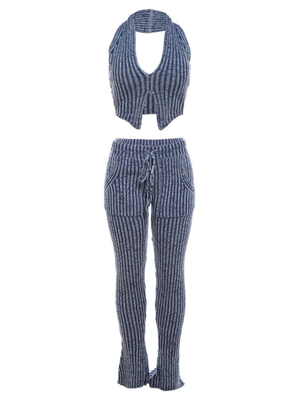 Momnfancy Blue Knit Crop Skinny Two Piece Outfit Maternity Jumpsuit