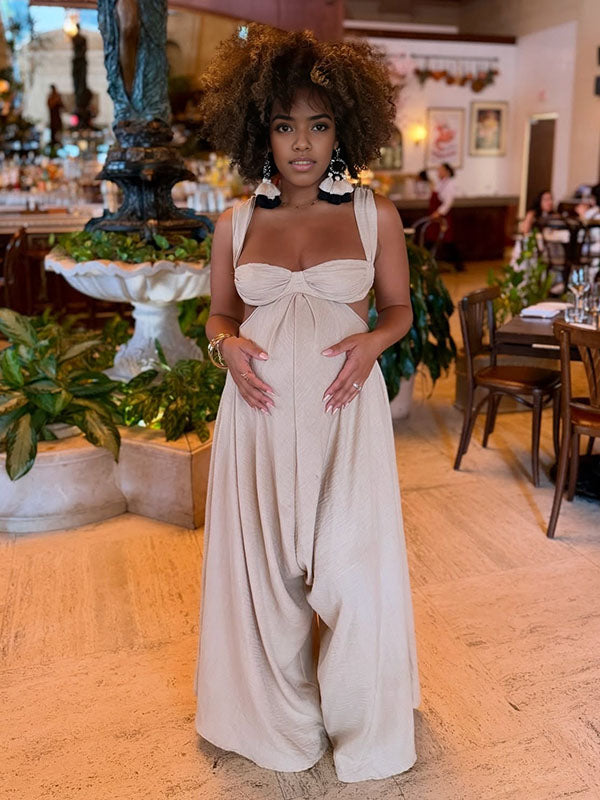 Momnfancy Spaghetti Strap Backless Cut Out Baby Shower Plus Size Wide Leg Long Maternity Jumpsuit