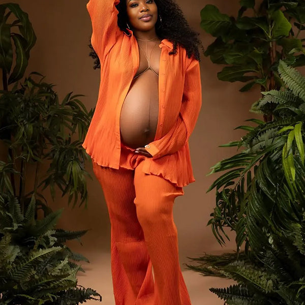 Momnfancy Orange Pleated V-Neck 2-in-1 Casual Photoshoot Plus Size Maternity Jumpsuit