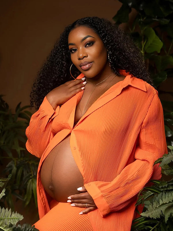Momnfancy Orange Pleated V-Neck 2-in-1 Casual Photoshoot Plus Size Maternity Jumpsuit